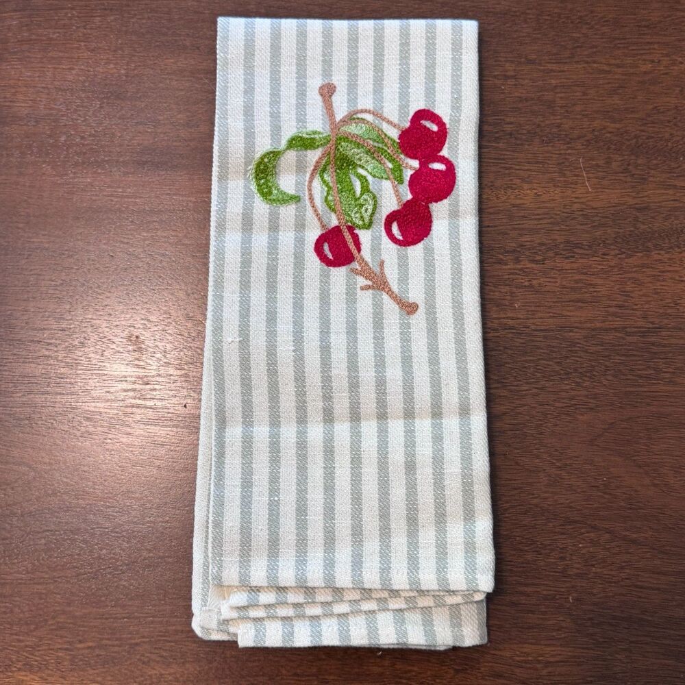 Busatti Italian Linen Tea Towel Embroidered Cherries Striped Kitchen 23x27 NWOT